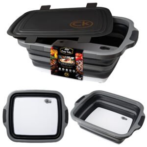 New XL Collapsible BBQ Prep Tub with LOCKING Lid, Cutting Board & Drain Hole | BPA-Free, Food-Grade, Space-Saving Prep Tubs for Marinating, Grilling, Camping & Outdoor Cooking (Black, 16L)
